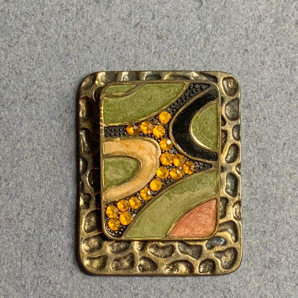 Abstract Hammered Rectangle 2 In As Is Gold Multicolor Amber Rhinestones DIY